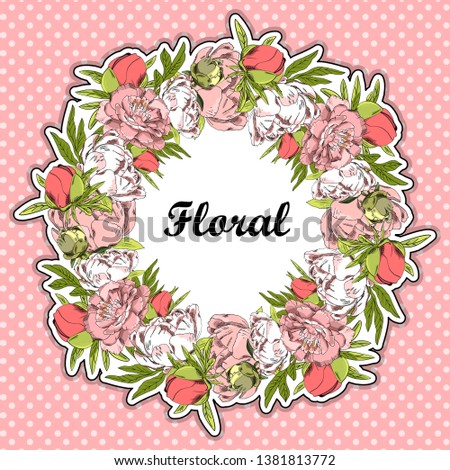 Vector beautiful greeting card with floral wreath. Can be used as creating card, invitation card for wedding,birthday and other holiday and cute summer background. Frame of peonies and roses. 