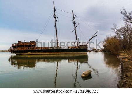 Old rusted abandoned pirate ship 