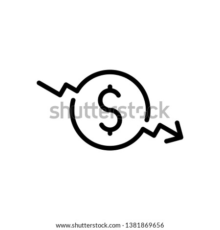 Dollar rate decrease vector line icon. Money symbol with down arrow. Lower cost icon. Business lost crisis decrease vector illustration. Editable stroke Royalty-Free Stock Photo #1381869656