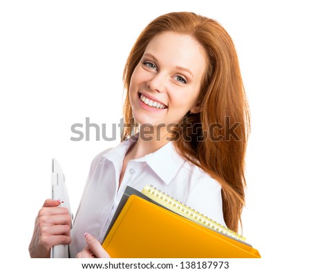 Closeup portrait of cute young business woman on a white background