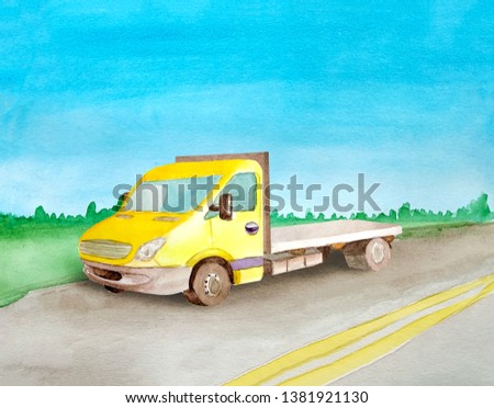 Watercolor yellow empty  flatbed rides a load on the asphalt road. Background of daytime summer landscape