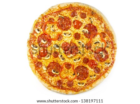 Isolated image of freshly baked pizza salami with white background