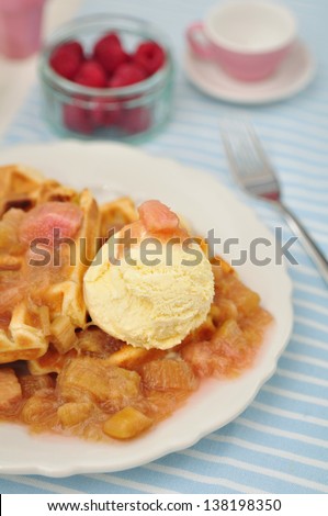 Waffles with Vanilla Ice Cream and Rhubarb Compote