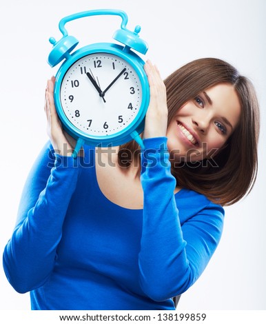 Woman hold watch on white background. Isolated girl model.