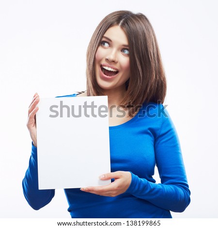 Woman student hold white blank card isolated on white background. Girl model poses.
