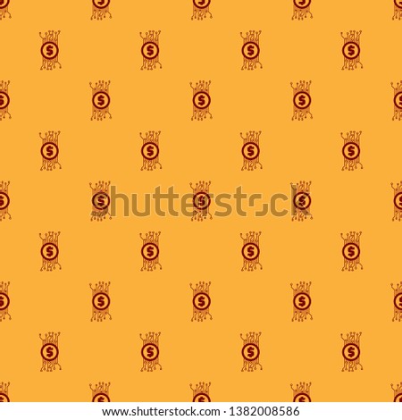 Red Cryptocurrency concept bitcoin in circle with microchip circuit icon isolated seamless pattern on brown background. Blockchain technology, digital money market. Flat design. Vector Illustration