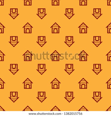 Red Dog house icon isolated seamless pattern on brown background. Dog kennel. Vector Illustration
