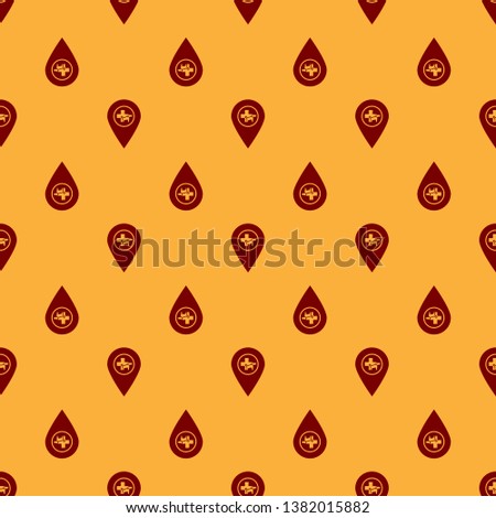 Red Map pointer with veterinary medicine hospital, clinic or pet shop for animals icon isolated seamless pattern on brown background. Vet or veterinarian clinic. Vector Illustration