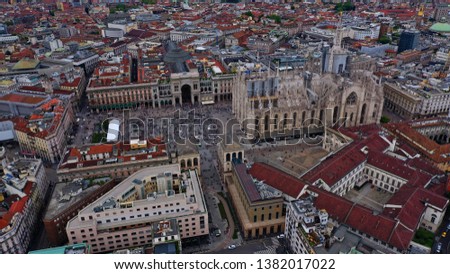 Aerial drone photo of iconic Cathedral and square of Duomo one of the biggest in the world, Milan, Lombardy, Italy