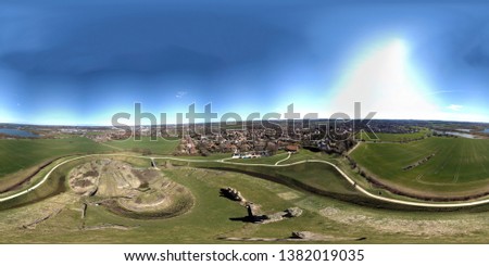 360 Degree panoramic sphere aerial photo of the ruins of Sandel Castle in Wakefield, West Yorkshire in the UK, 