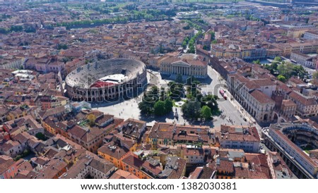 Aerial drone photo from iconic Arena and City Hall in Bra square of beautiful city of Verona, Lombardy, Italy