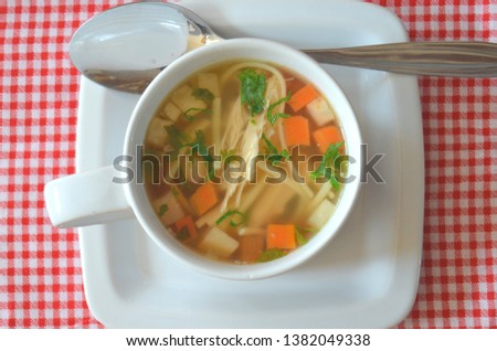 Traditional czech chicken soup with chicken broth, home made noodles, carrots, celeriac, persil root, chicken meat and chopped fresh persil - in a white cup on a red and white gingham tablecloth
