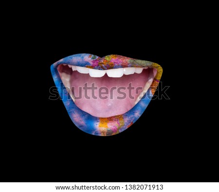 lips with world map,world wide language speaking, Foreign language school concept. Lips, open mouth, connection business around the world