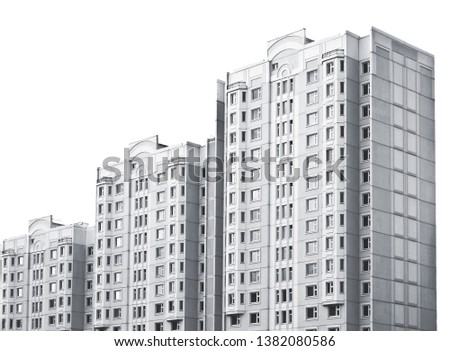 new high - rise highrise apartment buildings block of flats, ghetto projects, isolated on white Royalty-Free Stock Photo #1382080586