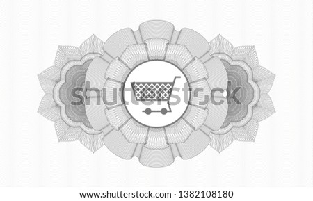 Grey money style emblem or rosette with shopping cart icon inside