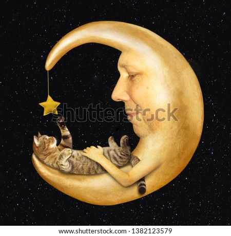 The funny cat lies and plays with a star on the moon. Night sky background.