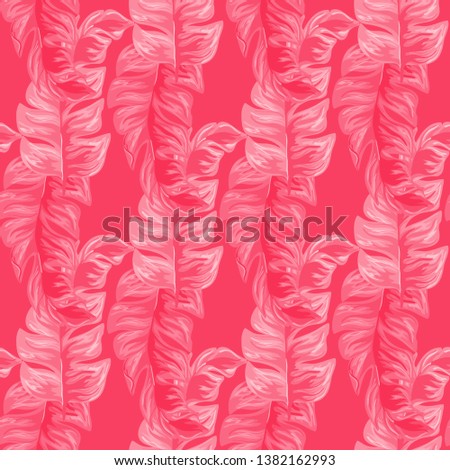 Pink Banana Tropical leaves floral print exotic seamless pattern. The texture of the fabric leaves of banana and palm trees. Exotic Hawaiian print for swimsuits.