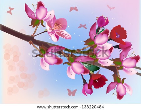 illustration with pink tree blossom and butterflies on blue background
