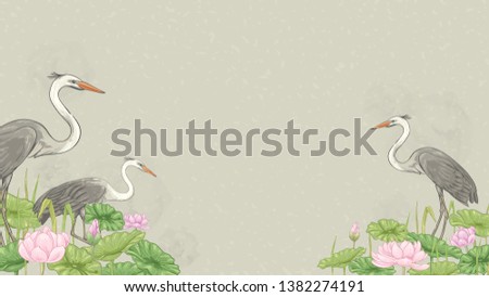 Illustration / background with cranes and lotuses