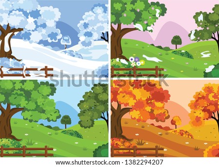 Four seasons landscape. Illustrations with trees, and hills in winter, spring, summer, autumn 