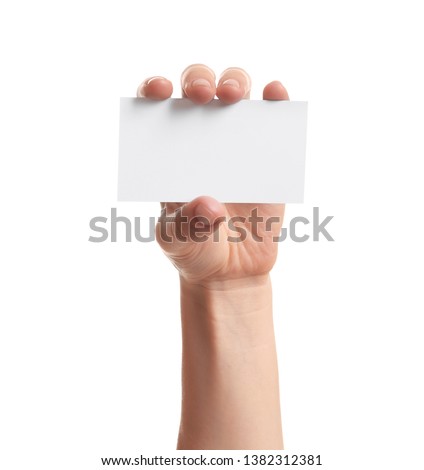 Woman holding empty business card isolated on white, closeup