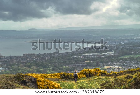 A view of the Pentland Hills from Arthur's Seat  on a cloudy day with gorse in bloom in Edinburgh, Scotland, UK 