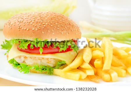 French fries and hamburger on white plate
