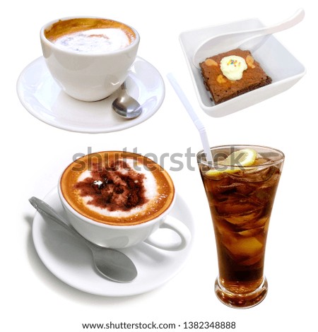 A ceramic cup of coffee, sweet brownie cake and a glass of ice lemon tea isolated on white background with clipping path.