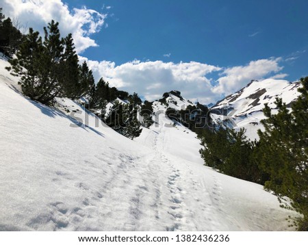 Snow cover in early spring on the Alpstein mountain range and in the Appenzellerland region - Canton of Appenzell Innerrhoden (AI), Switzerland