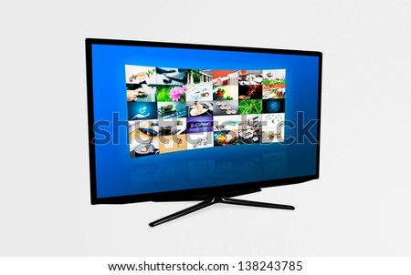 Widescreen high definition TV screen with video gallery. Television and internet concept.