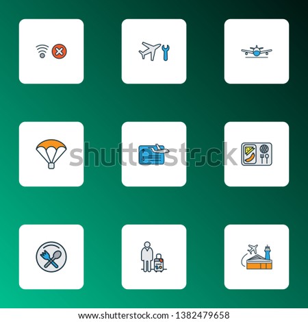 Airport icons colored line set with landing plane, plane food, flight board cafe symbol elements. Isolated  illustration airport icons.