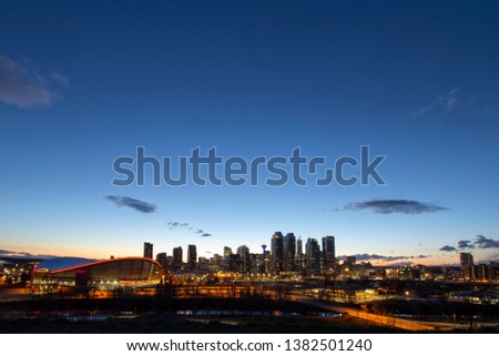 Calgary panorama downtown view at sunset from Scotsman's Hill