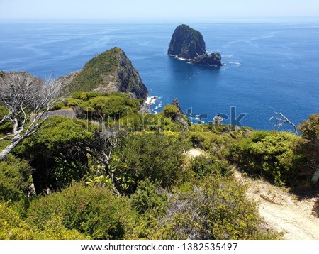 Cape Brett coastal walk and nature, ocean with islands around the path