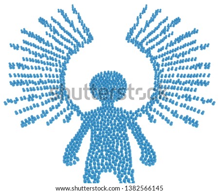 Crowd of small symbolic blue figures forming big person shape with big wings, 3d illustration, horizontal, isolated, over white