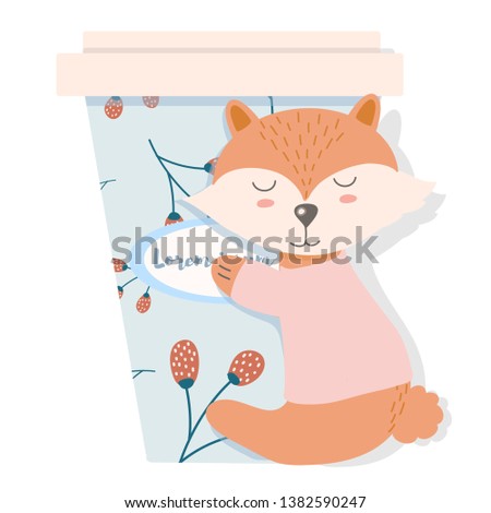 Cute little fox with  hot coffee to go. Vector illustration for poster, greeting card and other design projects. Seamless floral pattern.