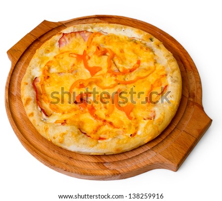 cheese appetizing pizza on wooden tray isolated on white background