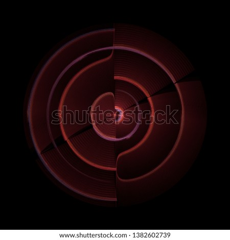 Intricate red, orange and pink glowing disc design (3D illustration, black background)