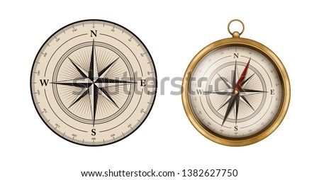 Compass rose design. Set includes vintage compass illustration. Isolated for all backgrounds. 