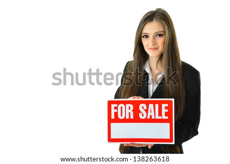 Woman Holding "For Sale" Sign (1/2 view)