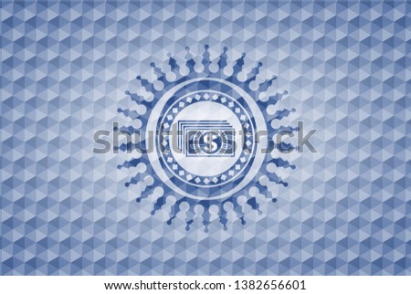 money icon inside blue emblem with geometric pattern background.