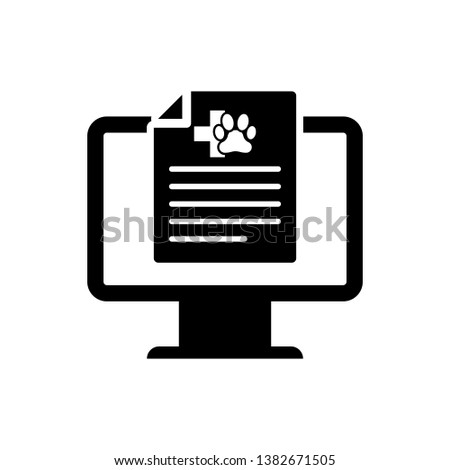Black Medical clinical record pet on monitor icon isolated. Health insurance form. Prescription, medical check marks report. Vector Illustration