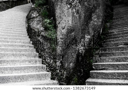 
Stone branch road steps for climbers near Yu Ping Lou Twoer in Mountain Huang, Anhui Province, China.