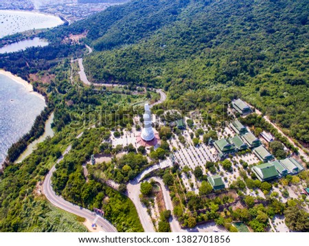 Da Nang, Vietnam: Aerial view of Son Tra peninsula and Linh Ung pagoda which is one of the most famous destination for tourists.