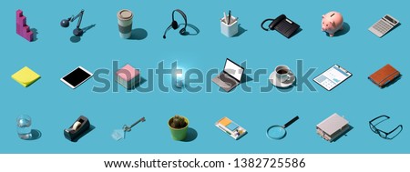 Collection of office objects, electronic devices and tools, business and office work background Royalty-Free Stock Photo #1382725586