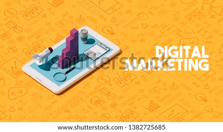 Digital marketing solutions and strategies: megaphone, growing financial chart and magnifier on a smartphone digital display