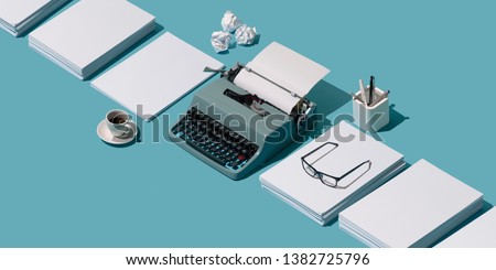 Vintage typewriter's header and piles of blank sheets, old-timey writer and blogger concept, isometric objects Royalty-Free Stock Photo #1382725796