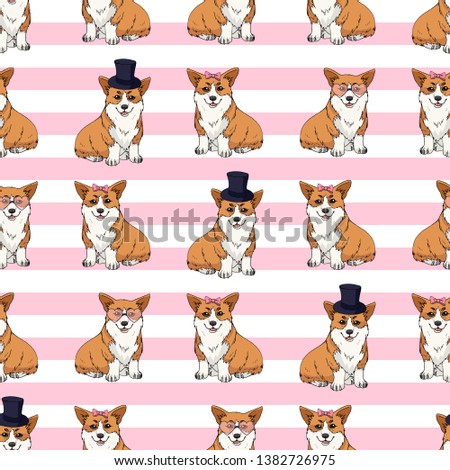 Seamless pattern with cute cartoon pembroke welsh corgi with different accessories on pink and white striped background. Endless texture with funny dogs for your design