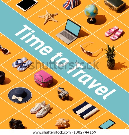 Time to travel background with isometric accessories, vacations and tourism concept