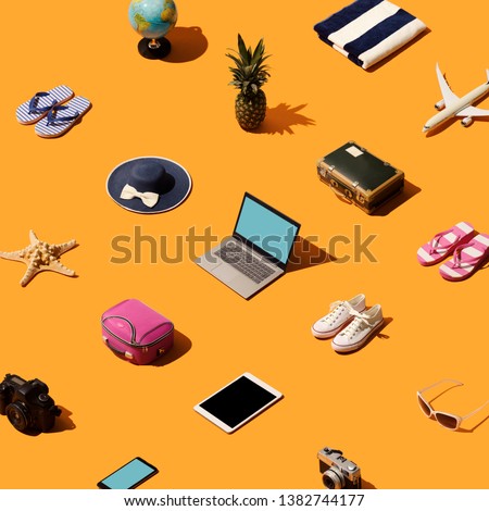 Travel, vacations and tourism background with isometric objects and accessories Royalty-Free Stock Photo #1382744177