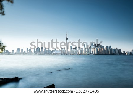 Toronto city skyline from centre Island with blue sky. Ontario, Canada